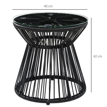 Round End Table, Rattan Side Table, Hollow Drum Design Coffee Table w/ Glass Tabletop for Patio, Garden, Balcony Black
