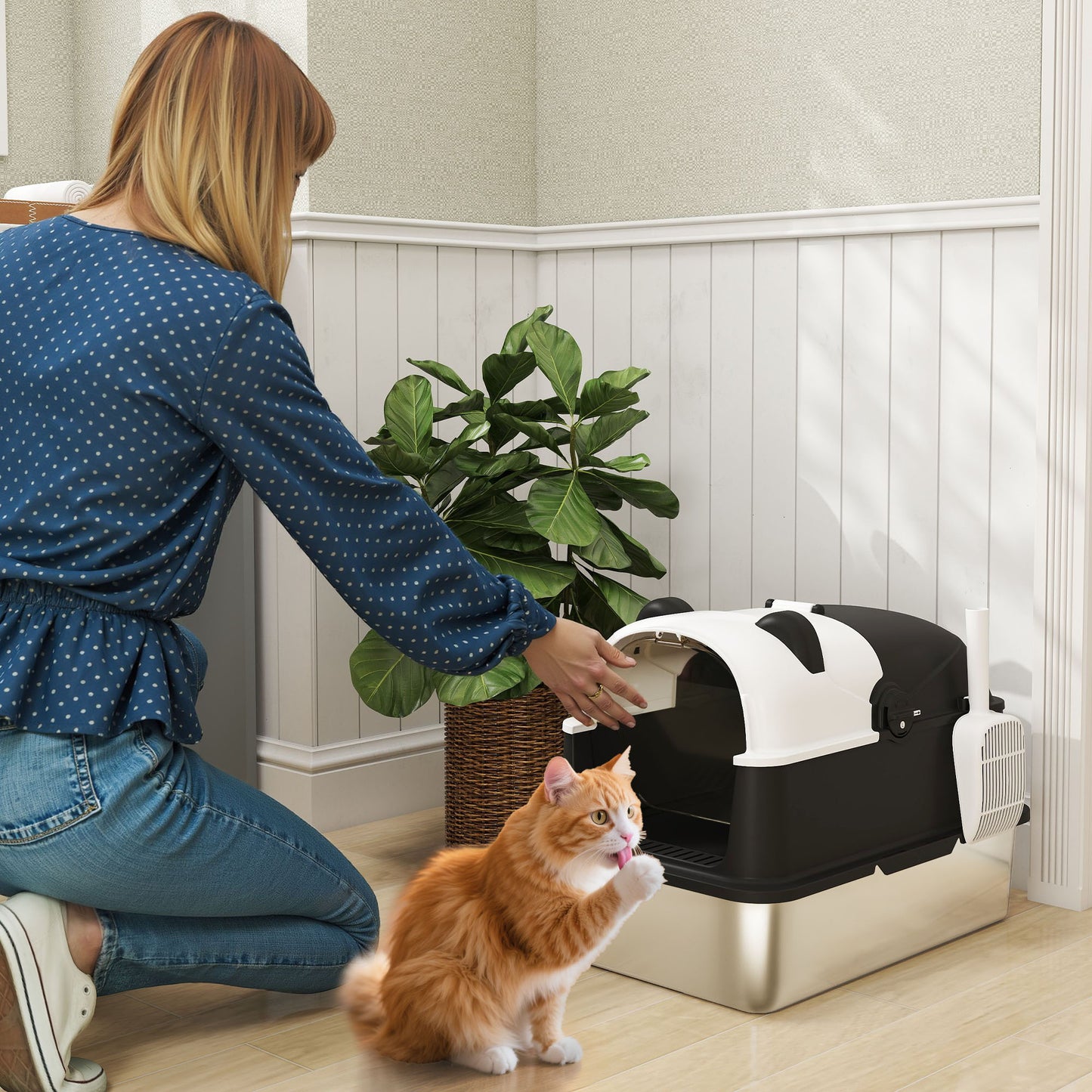 Panda Style XL Stainless Steel Cat Litter Box with Lid, Enclosed Kitty Litter Box with Scoop, 60 x 40 x 45 cm
