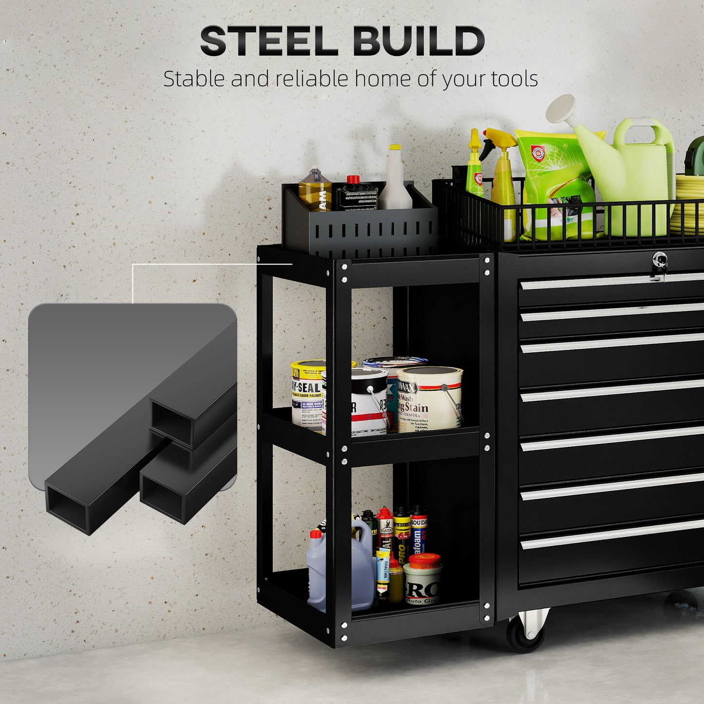 Lockable Steel Tool Chest on Wheels, 7 Drawer Tool Box with Handle for Workshop, Garage, Black