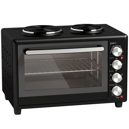 46L Mini Oven with Dual Hot Plates, Electric Countertop Cooker with Convection, 90–230°C Adjustable Temperature