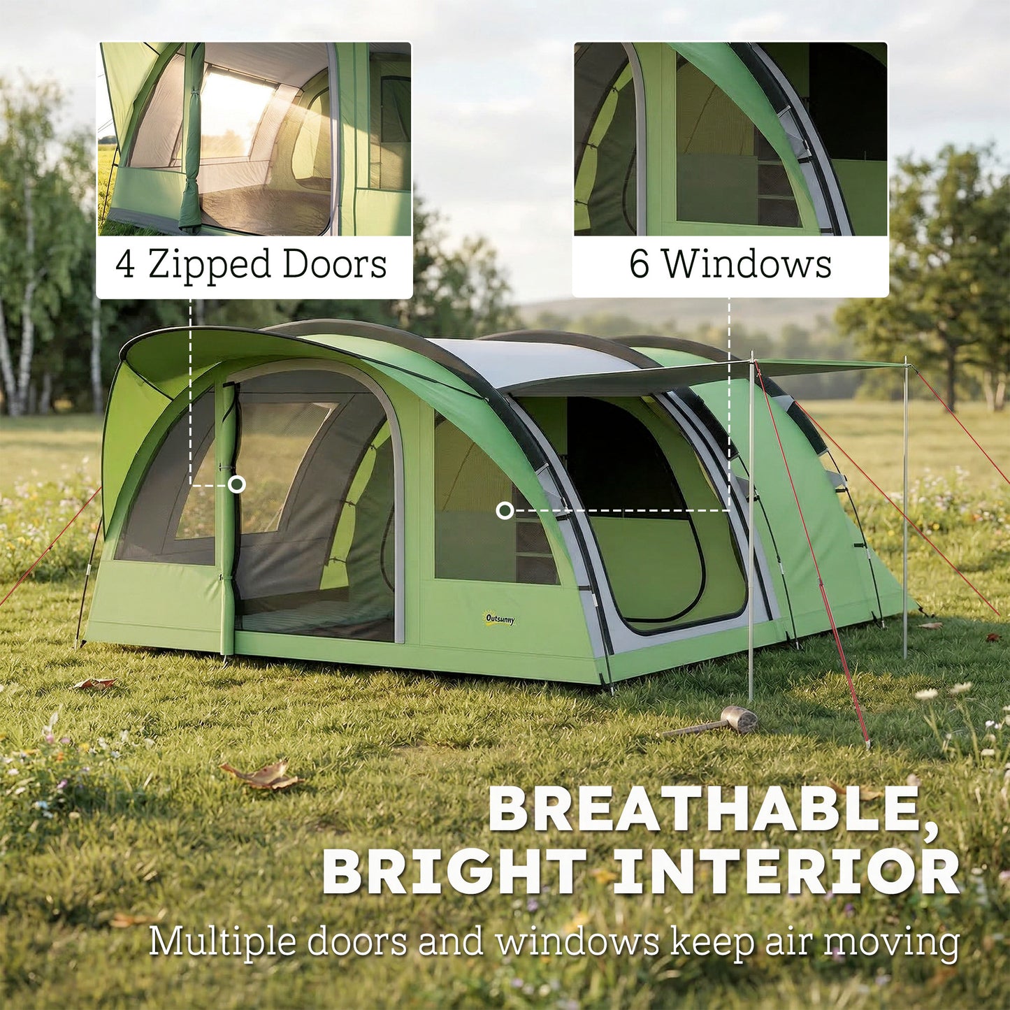 4 Person Easy Setup Family Camping Tent with 2 Rooms, Waterproof Tunnel Tent w/ Sewn In Groundsheet, Green & Grey