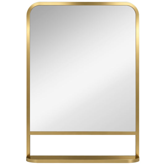 Modern Rectangular Wall Mirror with Storage Shelf, 70 x 50 cm, Gold Tone