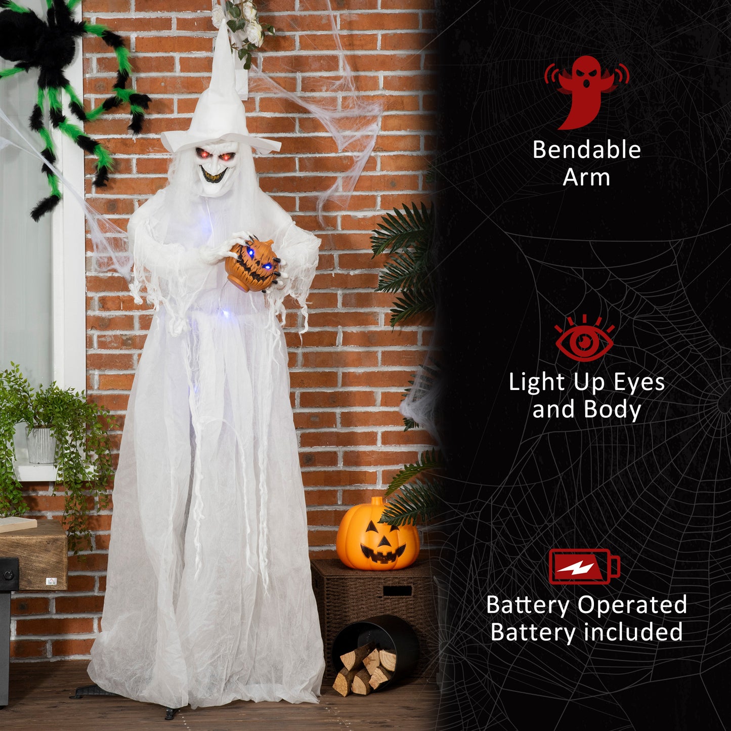 74 Inch Halloween Decorations White Witch Holding Pumpkin Head, Standing Skeleton Ghost Prop Life Size