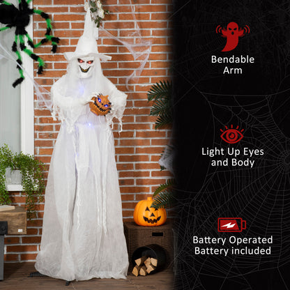 74 Inch Halloween Decorations White Witch Holding Pumpkin Head, Standing Skeleton Ghost Prop Life Size