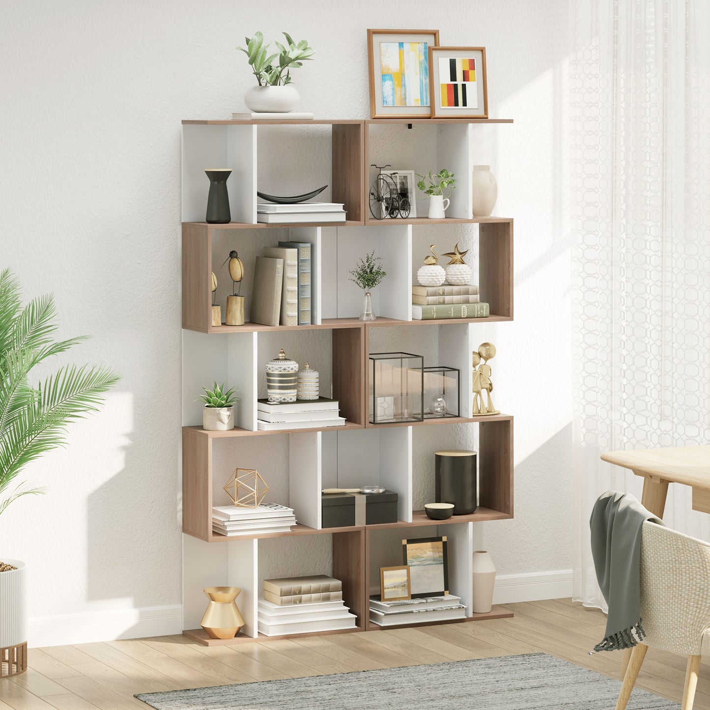 Bookcase, S-Shaped Wooden Bookshelf, 5/6 Tiers Freestanding Storage Shelf, Home Office Decorative Display Stand Rack