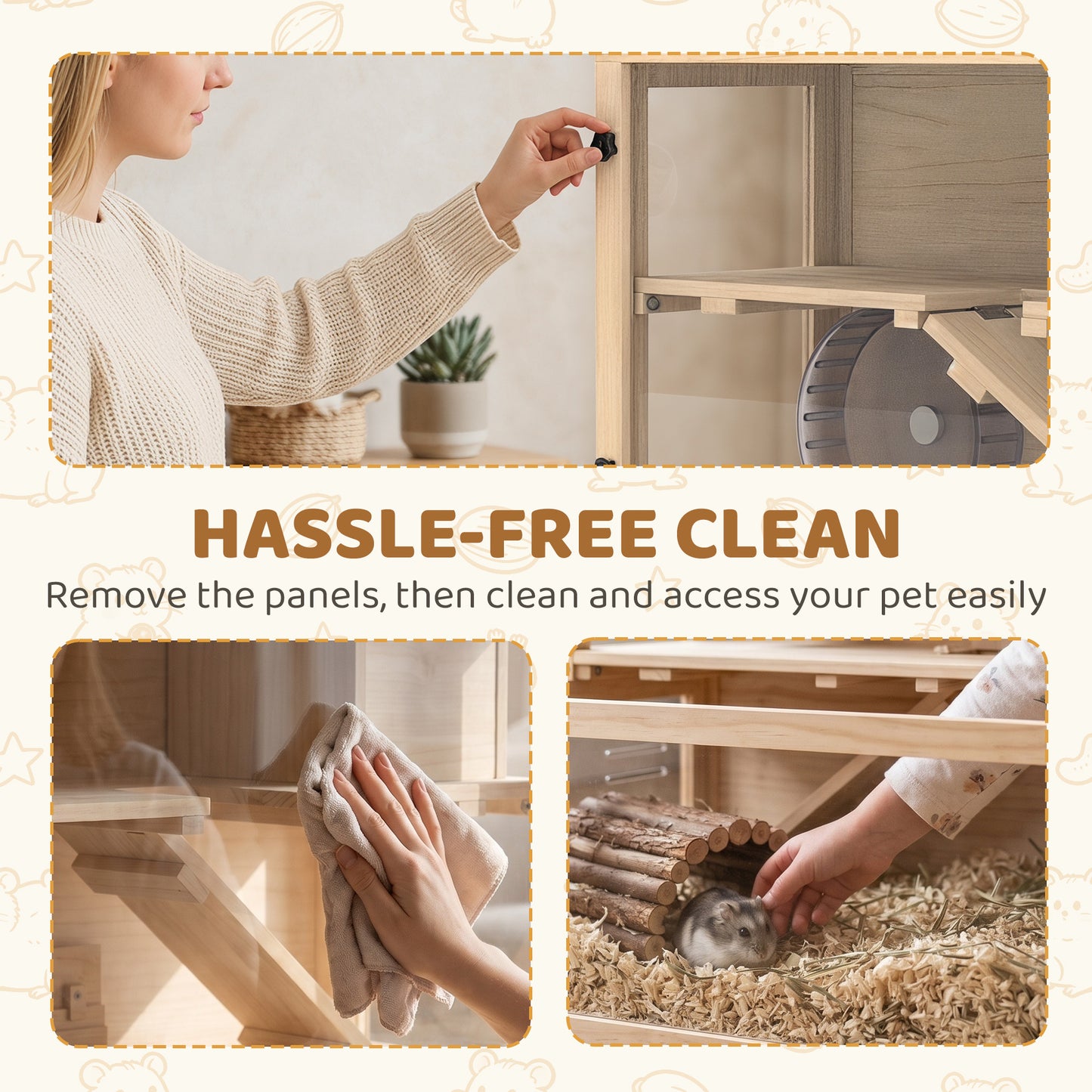 Wooden Hamster Cage with Hut, Wheel, Ramps, Removable Viewing Panels, 80 x 50 x 84 cm, Natural