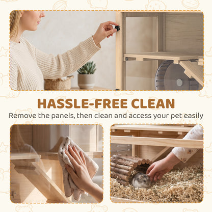 Wooden Hamster Cage with Hut, Wheel, Ramps, Removable Viewing Panels, 80 x 50 x 84 cm, Natural