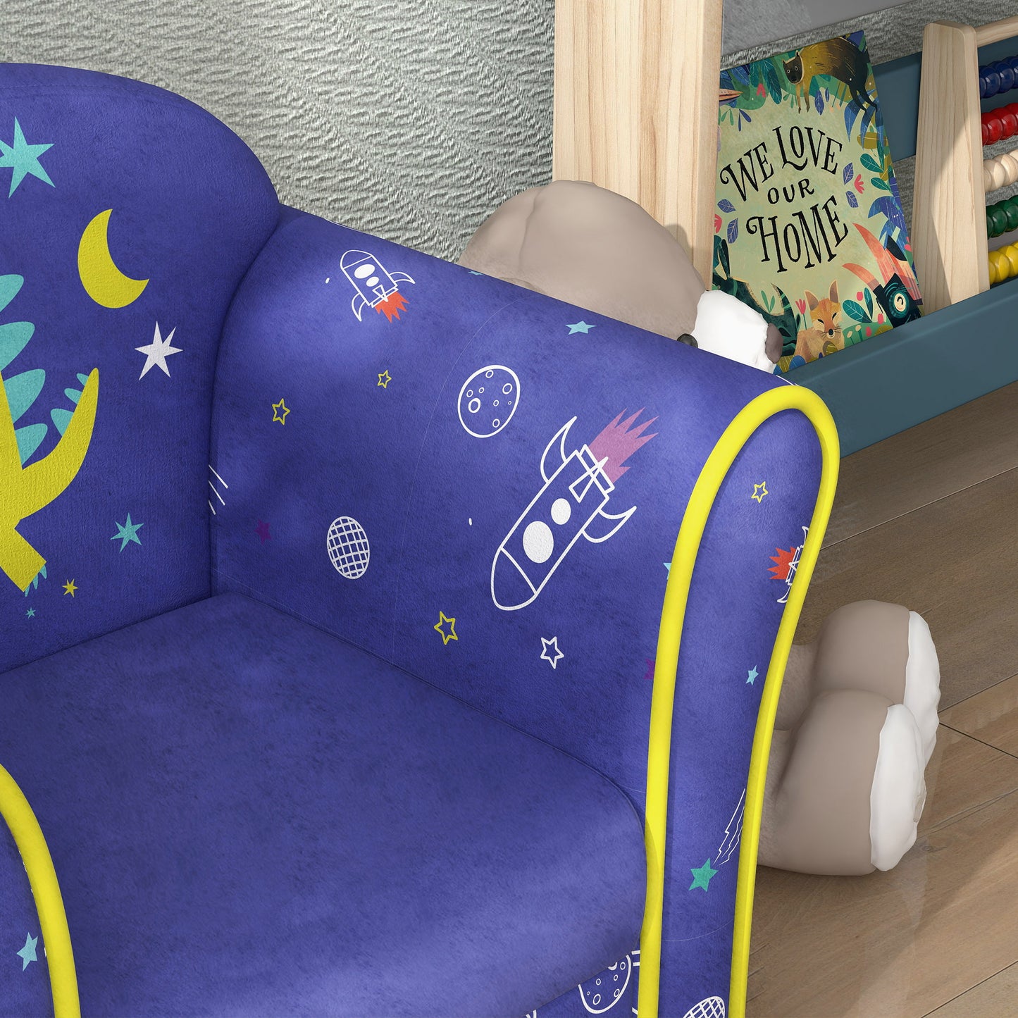 Kids Armchair with Planet Dinosaurs Design, Wooden Frame, for Bedroom, Playroom, Kids Room - Blue