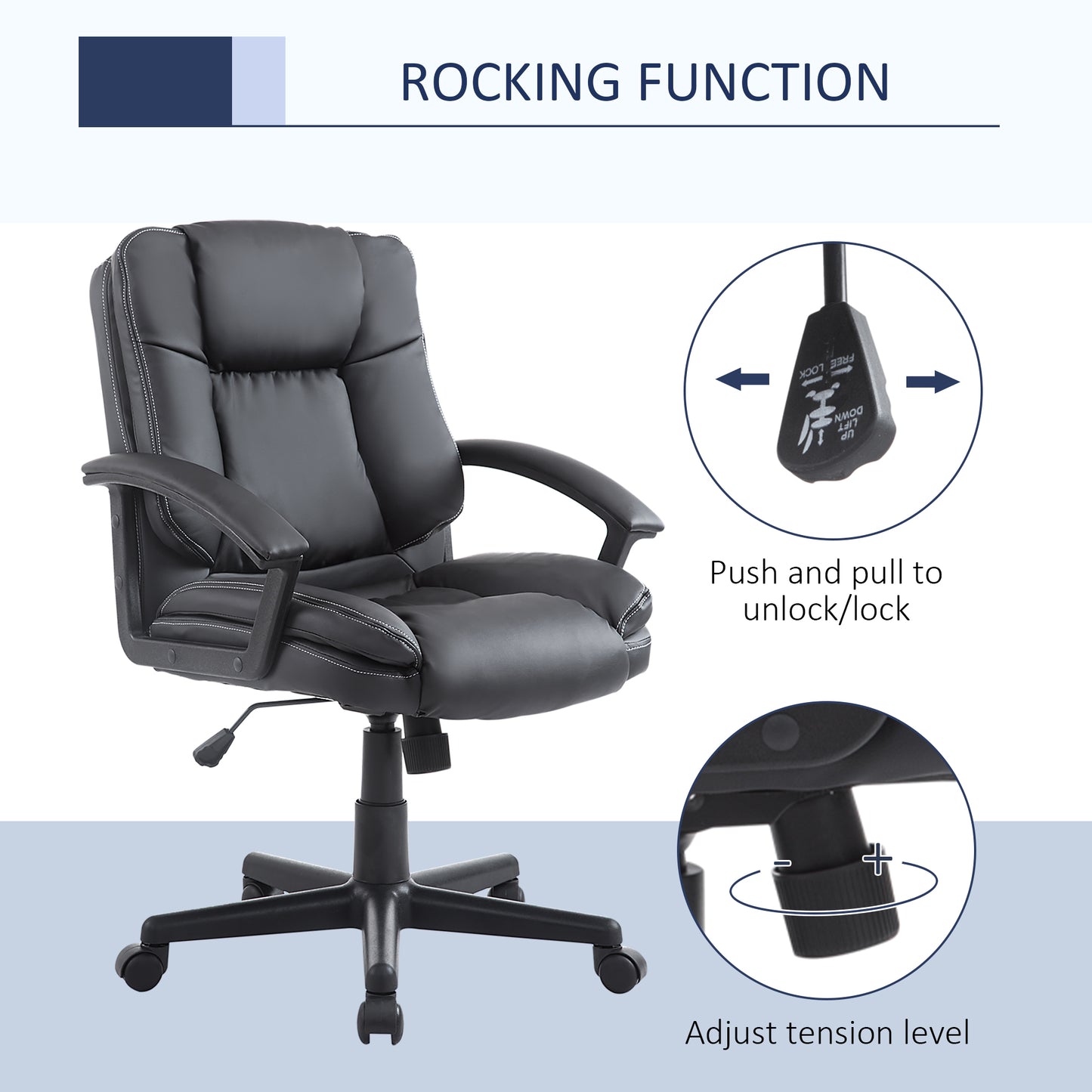 Desk Chair, PU Leather Office Chair with Adjustable Height and Swivel Wheels, for Home Work Study, Black