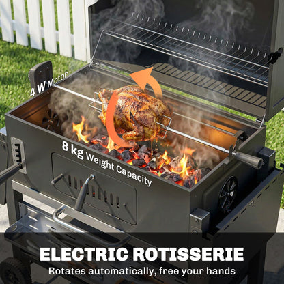 Charcoal BBQ Grill Smoker with Electric Rotisserie Kit, Portable Barbecue Grill with Warming Rack, Black