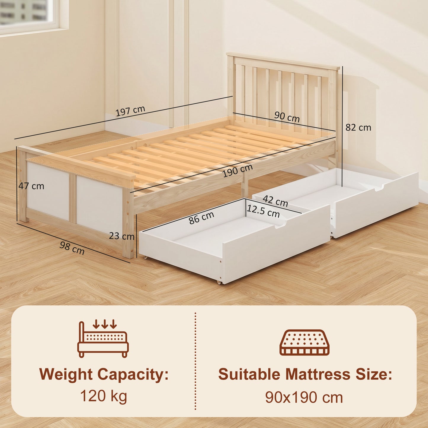 Pine Storage Bed, 3ft Single Solid Wooden Bed Frame with Drawers, Headboard, Wood Slat Support, Natural Wood Finish
