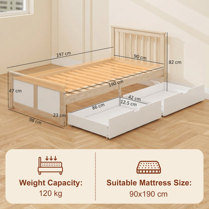 Pine Storage Bed, 3ft Single Solid Wooden Bed Frame with Drawers, Headboard, Wood Slat Support, Natural Wood Finish
