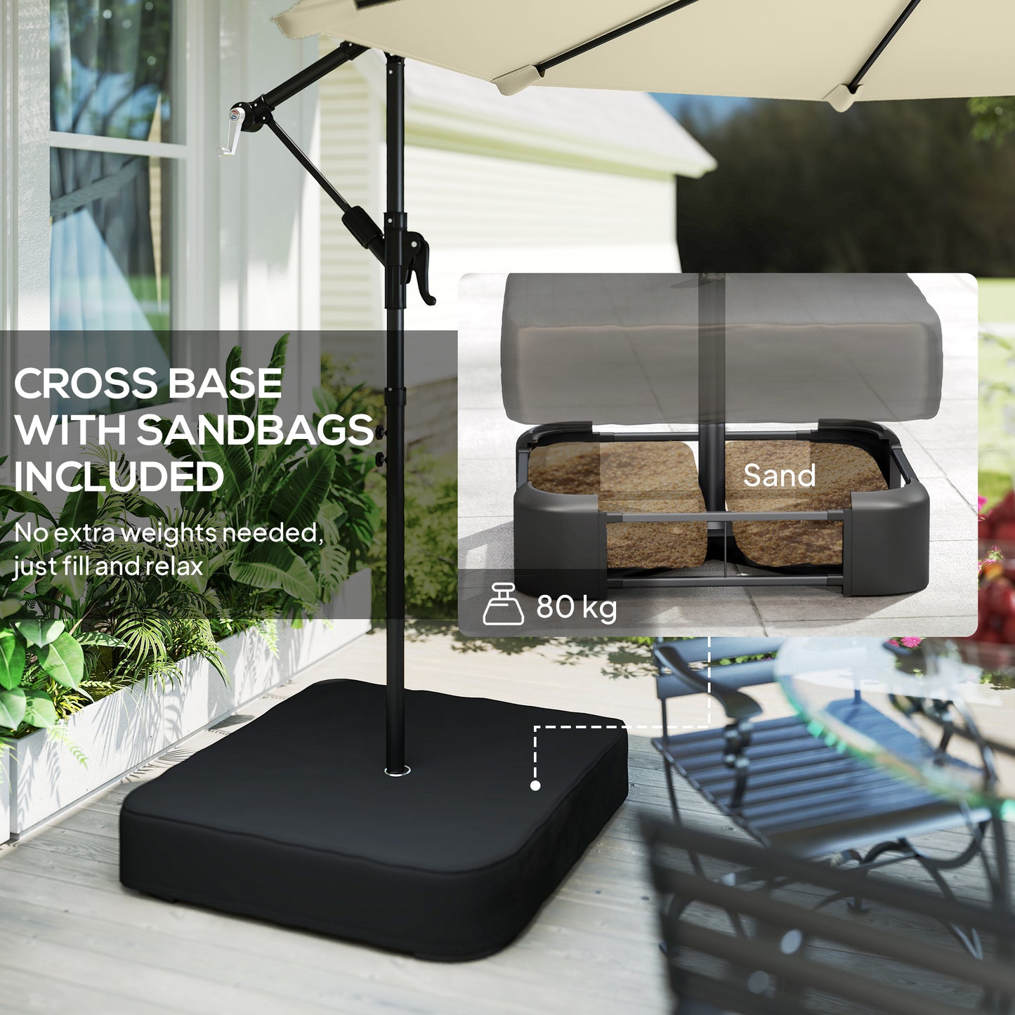 3 m Garden Cantilever Parasol with Cross Base, Sandbag, 360° Rotating Overhanging Banana Umbrella, Beige