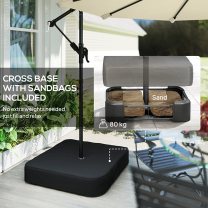 3 m Garden Cantilever Parasol with Cross Base, Sandbag, 360° Rotating Overhanging Banana Umbrella, Beige