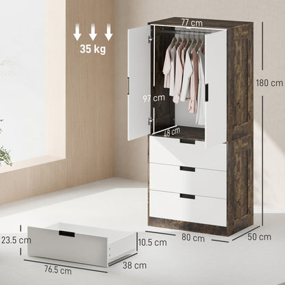 Modern Clothes Storage Cupboard Unit, 3 Drawer 2 Door Wardrobe with Hanging Rod, Rustic Brown