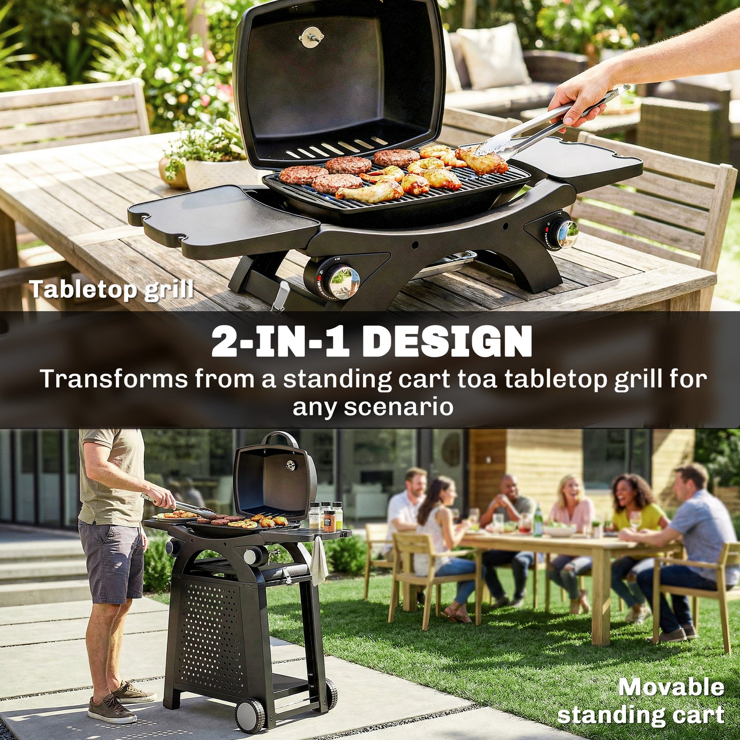 2 Burner Gas Grill with 2 Side Tables, 3.8 KW Barbecue Grill with Cast Iron Grates, 2-in-1 Tabletop BBQ with Wheels