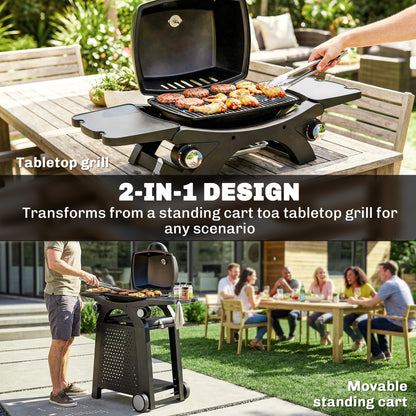 2 Burner Gas Grill with 2 Side Tables, 3.8 KW Barbecue Grill with Cast Iron Grates, 2-in-1 Tabletop BBQ with Wheels
