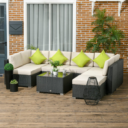 8 Pieces PE Rattan Corner Sofa Set, Patio Wicker Sofa Seater with Cushion, Washable Cushion Cover & Tempered Glass Table