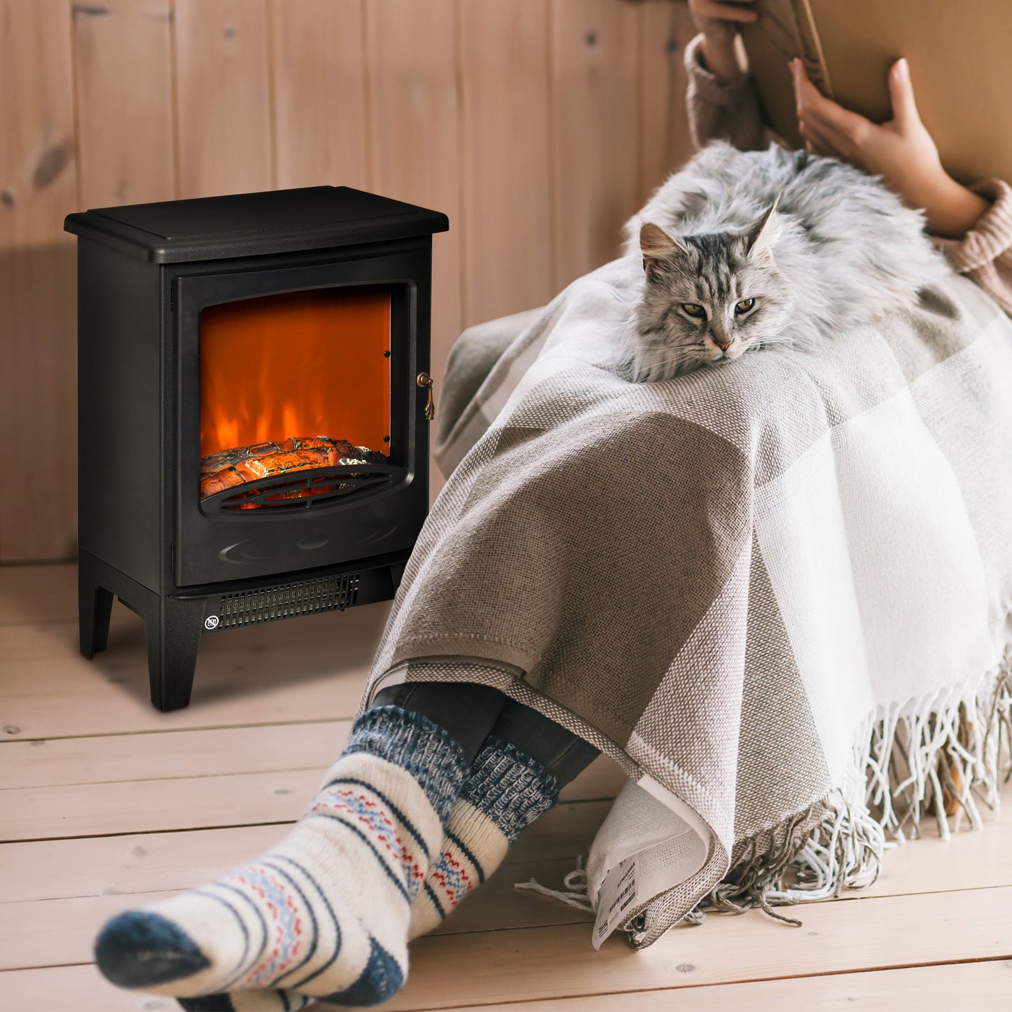 Electric Fireplace Stove, Free standing Fireplace Heater with Realistic LED Flame Effect and Adjustable Brightness