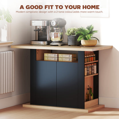 Kitchen Island with Spice Rack, Kitchen Storage with Large Tabletop for 4 People, Adjustable Shelves Black & Natural