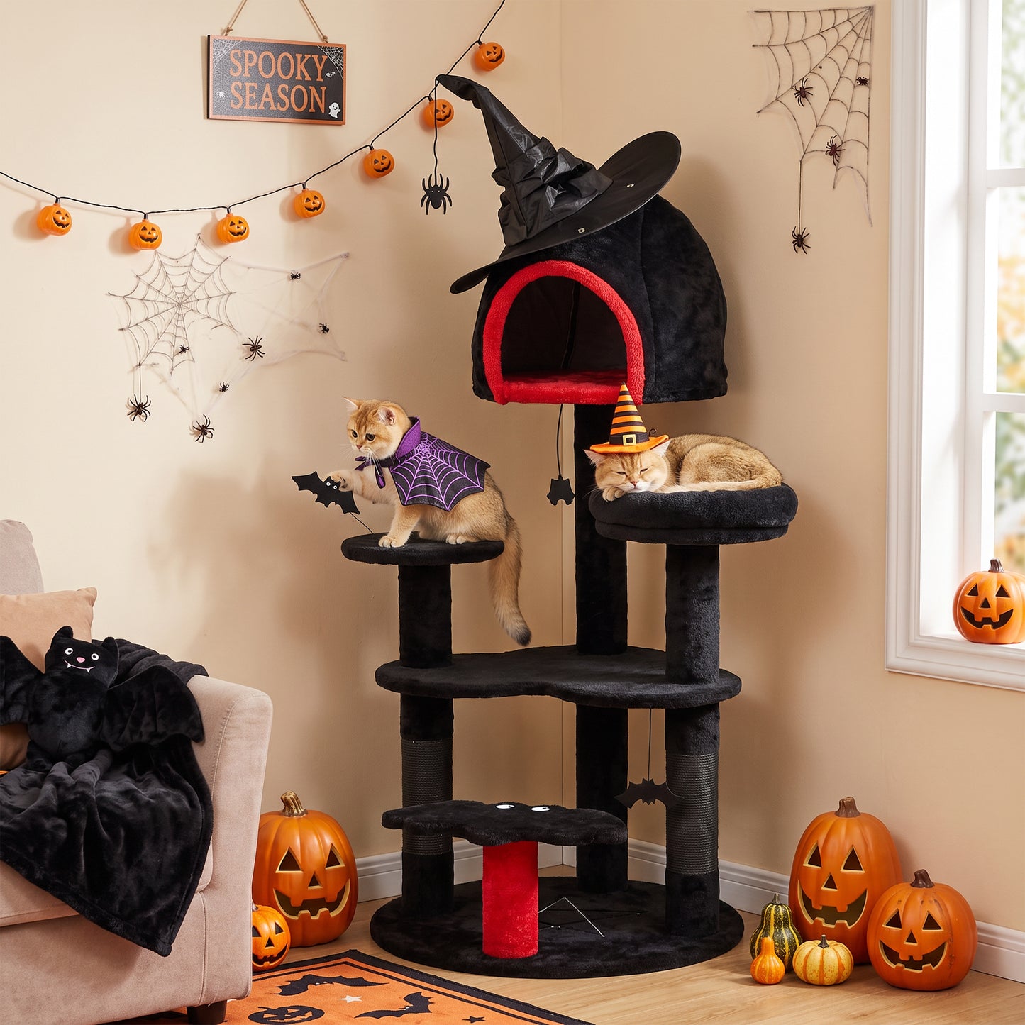 Gothic Cat Tree, 155cm Cat Tower for Indoor Kittens, Multi-Level Stable Kitten Activity Centre, Black, Halloween