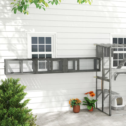 Cat Tunnel, 250cm Extra Long Wooden Cat Play Tunnel with 8 Doors, L-shape/Rectangle, Outdoor Cat Enclosure, Dark Grey