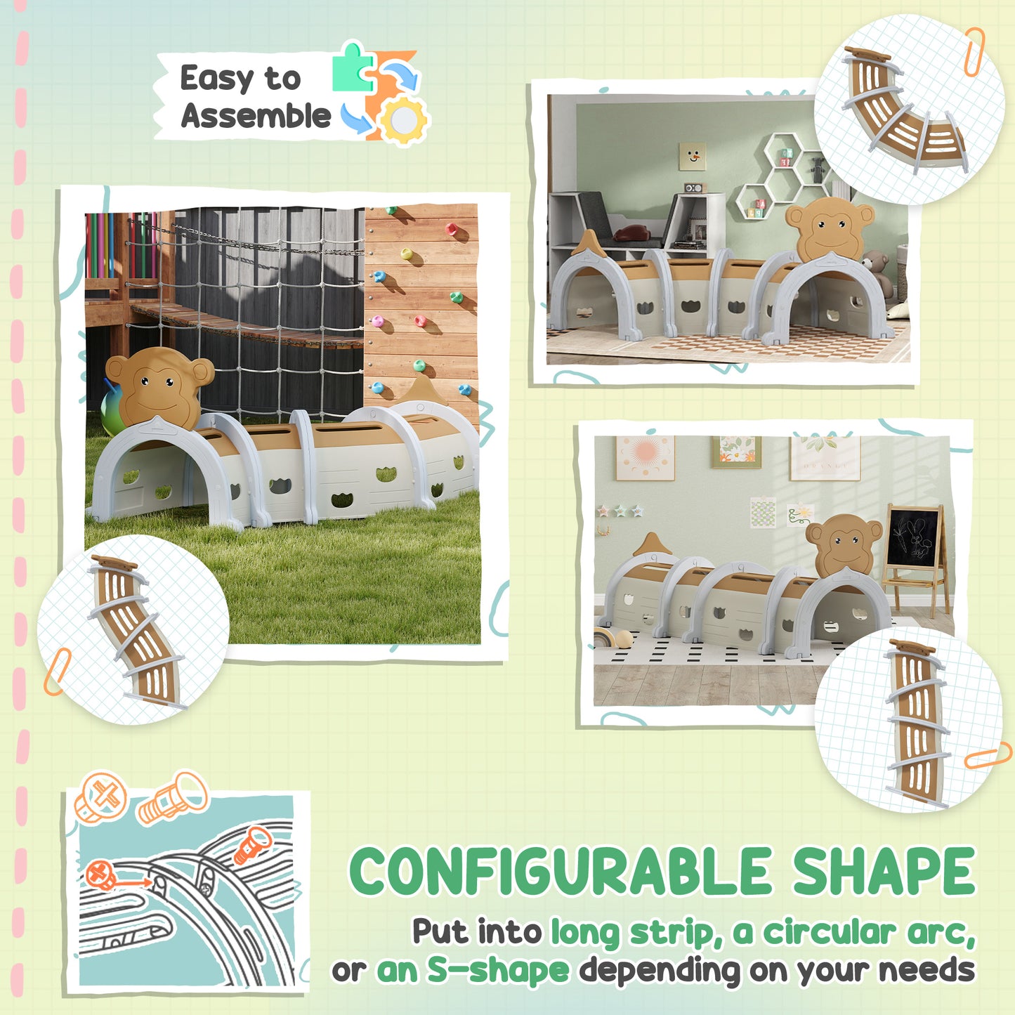 Monkey-Design Kids Play Tunnel for Crawling, Climbing, for ages 3-6 Years, Brown