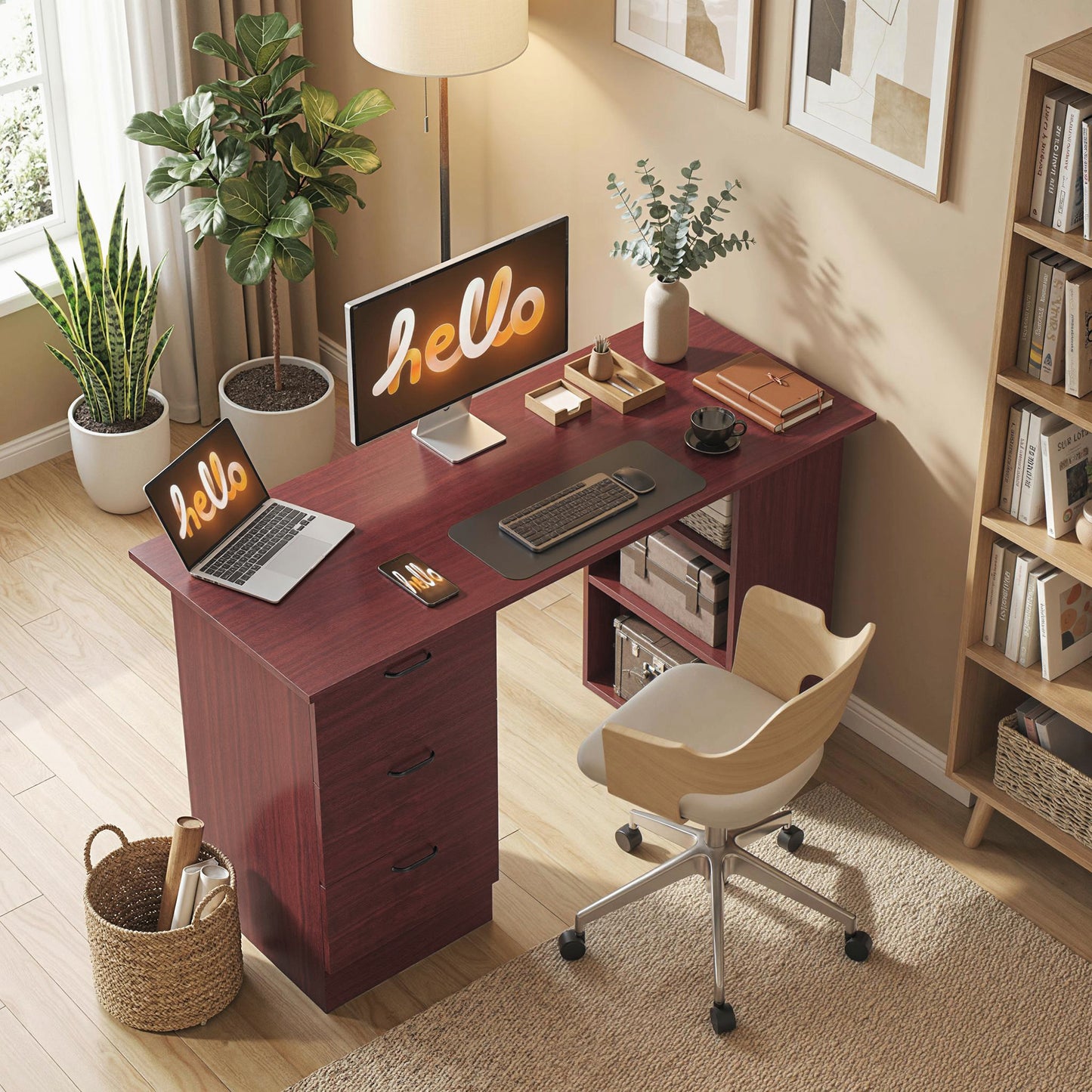 Computer Desk, Writing Table, PC Workstation with 3 Storage Shelves and Drawers, Handle, for Home Office, Walnut Brown