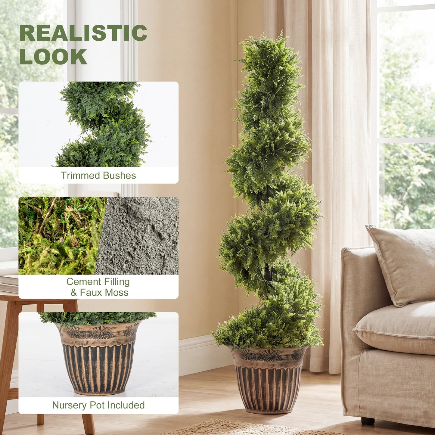 Set of 2 Artificial Plants, Topiary Spiral Cypressd Trees with Pot, for Home Indoor Outdoor Decor, 120cm