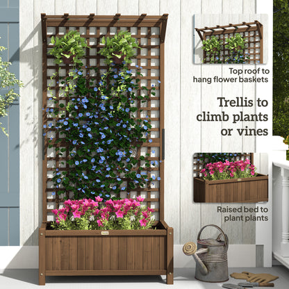 Raised Bed with Drainage Holes, Wood Planter with Trellis for Climbing Plants to Grow Vegetables, Flowers, Brown
