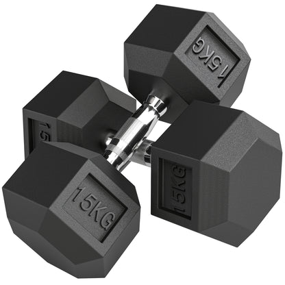 2x15KG Rubber Hex Dumbbell Portable Hand Weights Dumbbell Home Gym