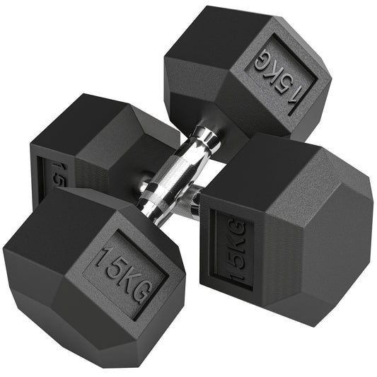2x15KG Rubber Hex Dumbbell Portable Hand Weights Dumbbell Home Gym