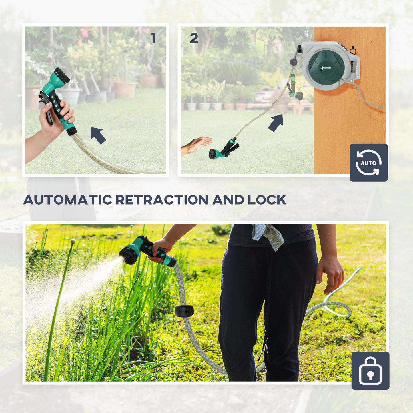 Retractable Hose Reel Wall Mounted, 20+2m Garden Hose Pipe Reel with Lock, Auto Rewind, 7 in 1 Spray Nozzle