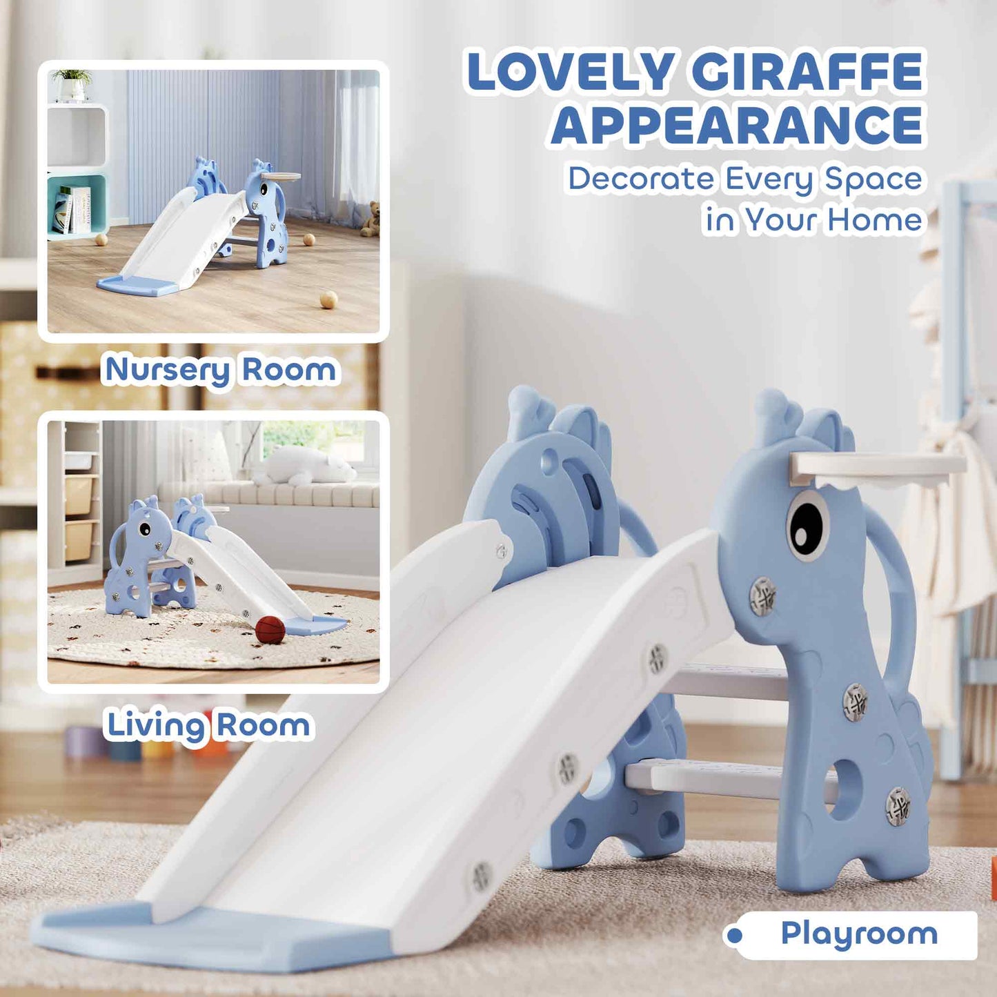 3 in 1 Kids Slide with Climber, Basketball Hoop and Ball, Giraffe Shape Climber Slide for Indoor Kids Age 1-3, Blue
