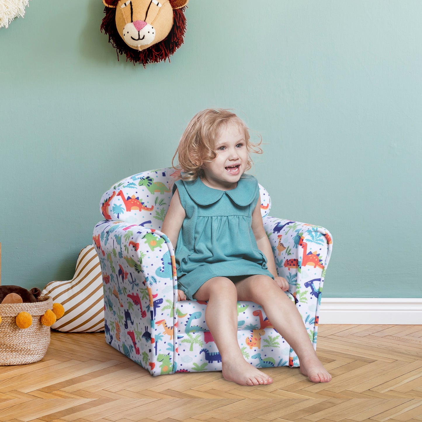 Children's Armchair Flannel Kids Sofa Tub Chair Cartoon Dinosaur Pattern Wooden Frame Bedroom Playroom Seater Multicolour