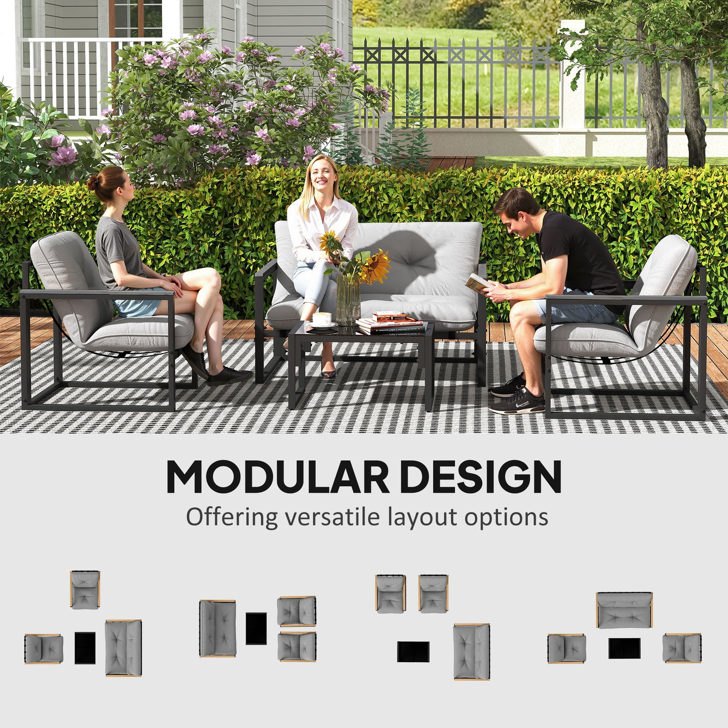 Garden Furniture Set, 4 Piece Indoor Outdoor Conservatory with Loveseat Sofa, Armchairs, Glass Top Coffee Table