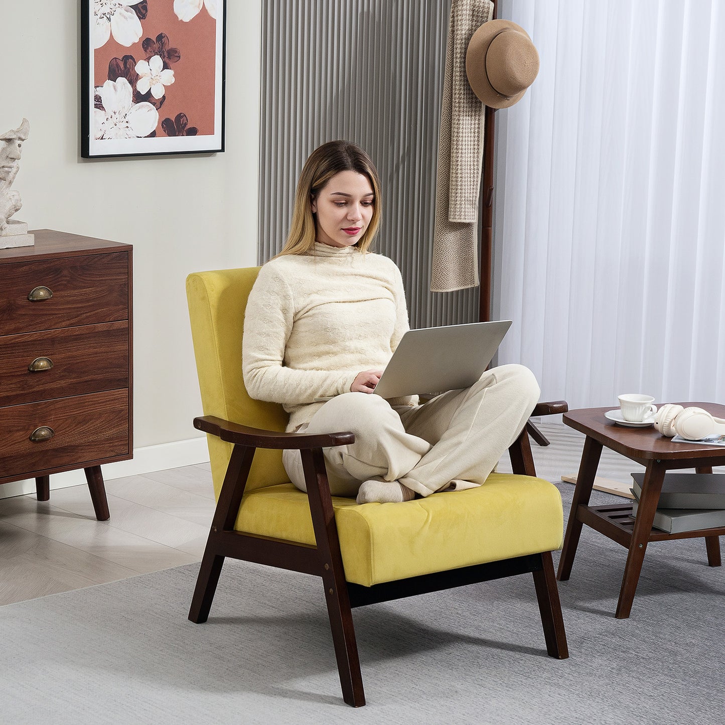 Nordic Accent Chair, Upholstered Velvet Armchair with Solid Wood Frame and Soft Thick Padded for Living Room, Bedroom