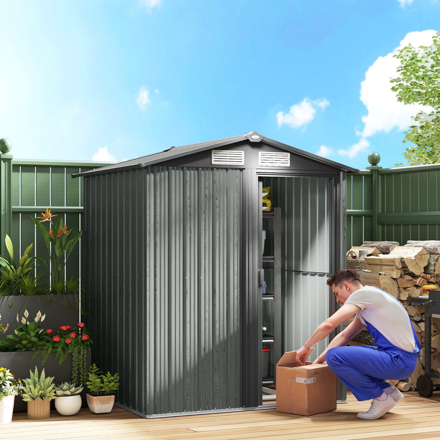 4.3 x 5ft Outdoor Garden Storage Shed - Grey Wood Effect