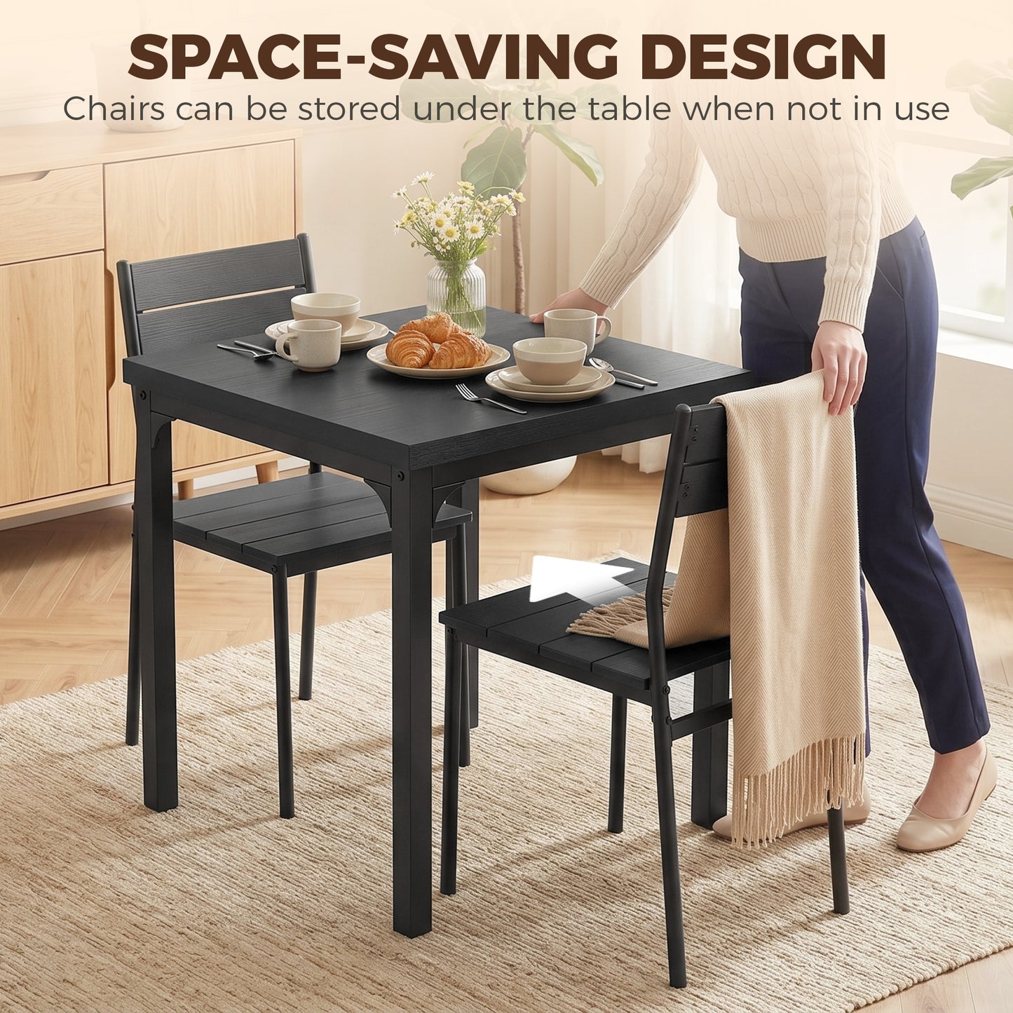 3 Piece Space-Saving Kitchen Table and Chairs, Dining Table Set for 2 with Metal Legs, Black Wood Effect