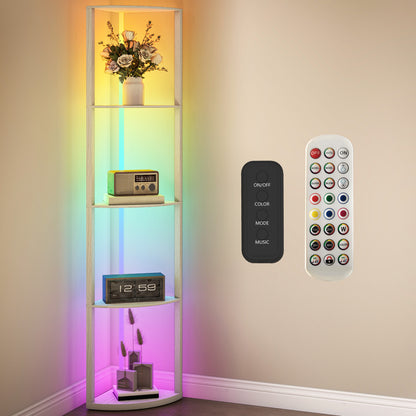 RGB LED Floor Lamp with Shelves, 4-Tier Dimmable Standing Lamp with Remote Control, Oak