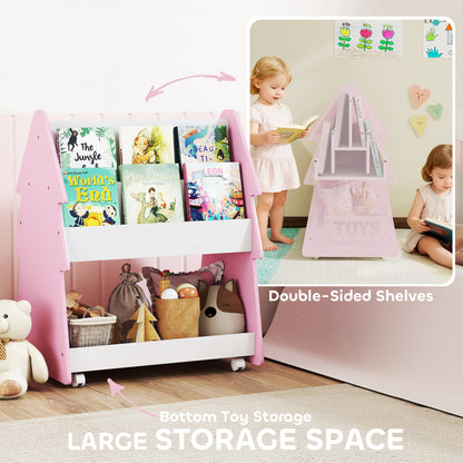 Kids Bookshelf with Toy Storage, Double-Sided Bookcase with Wheels, 3 Tier Kids Book Rack for Bedroom, Pink