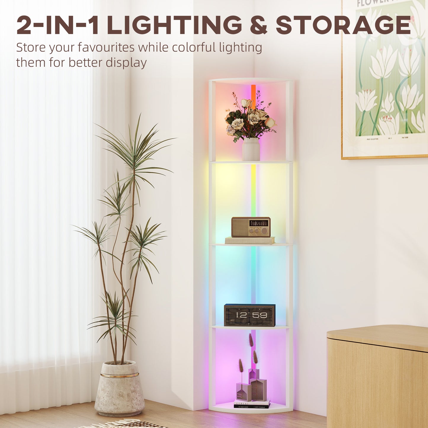RGB LED Floor Lamp with Shelves, 4-Tier Dimmable Standing Lamp with Adjustable Brightness and Remote Control
