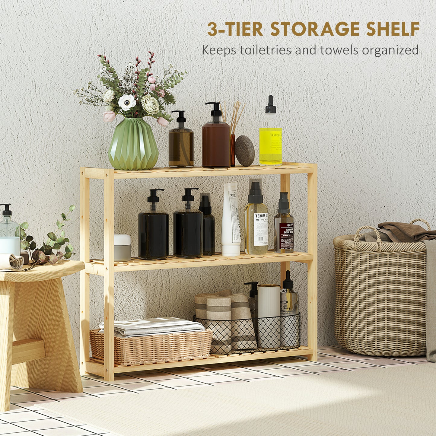 Three-Tier Bamboo Bathroom Rack - Natural Finish