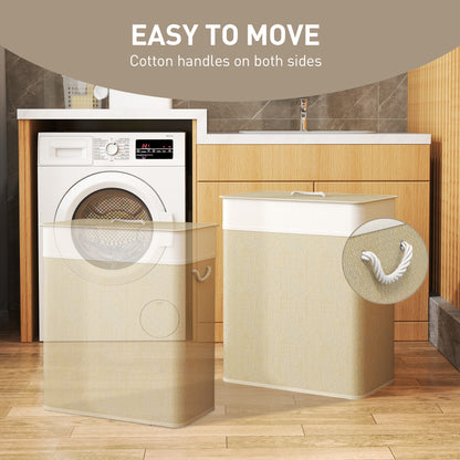 2 Section Laundry Basket with Lid, 100L Bamboo Laundry Hamper with Handles, Removable and Washable Liner, Cream White