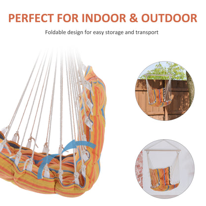 Outdoor Hanging Rope Chair with Soft Padded Seat & Backrest, Garden Hammock Chair with Wooden Support Bar Cotton Cloth