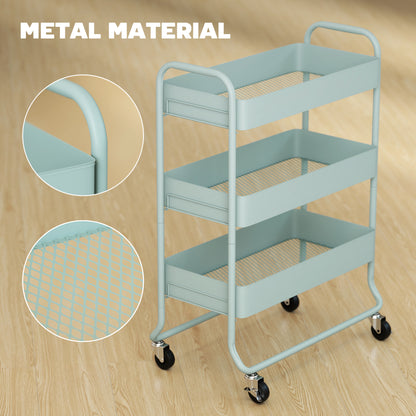 3-Tier Storage Trolley on Wheels, Rolling Utility Cart with Mesh Backets for Kitchen, Bathroom, Bedroom, Light Green