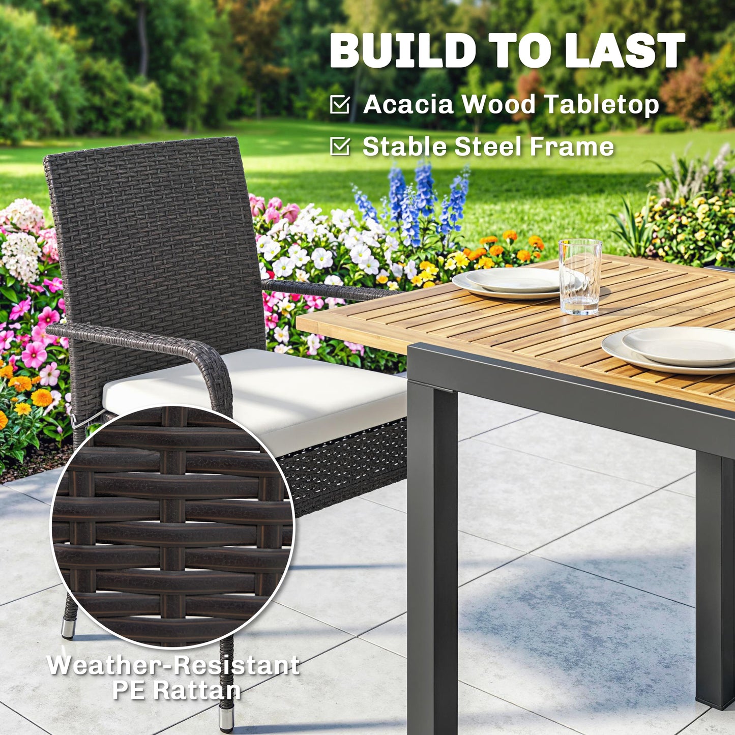 7 Piece Rattan Garden Furniture Set, 6 Seater Garden Table and 6 Stackable Chairs with Extendable Acacia Wood Tabletop