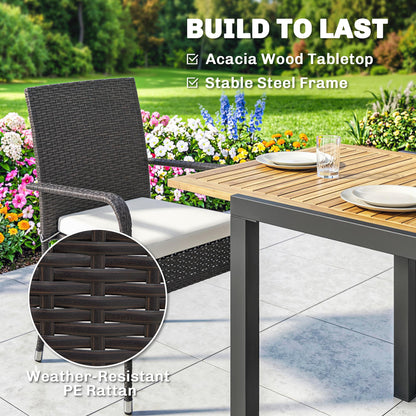 7 Piece Rattan Garden Furniture Set, 6 Seater Garden Table and 6 Stackable Chairs with Extendable Acacia Wood Tabletop
