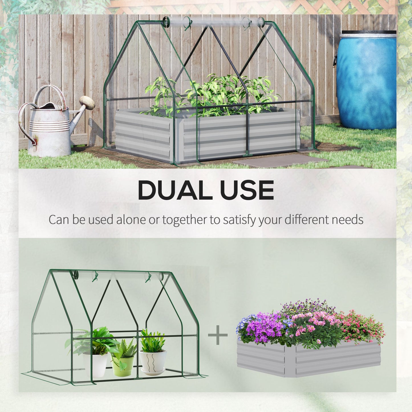Raised Garden Bed with Greenhouse, Steel Planter Box with Plastic Cover, Roll Up Window, Dual Use for Flowers, Vegetables