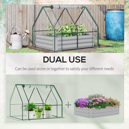 Raised Garden Bed with Greenhouse, Steel Planter Box with Plastic Cover, Roll Up Window, Dual Use for Flowers, Vegetables
